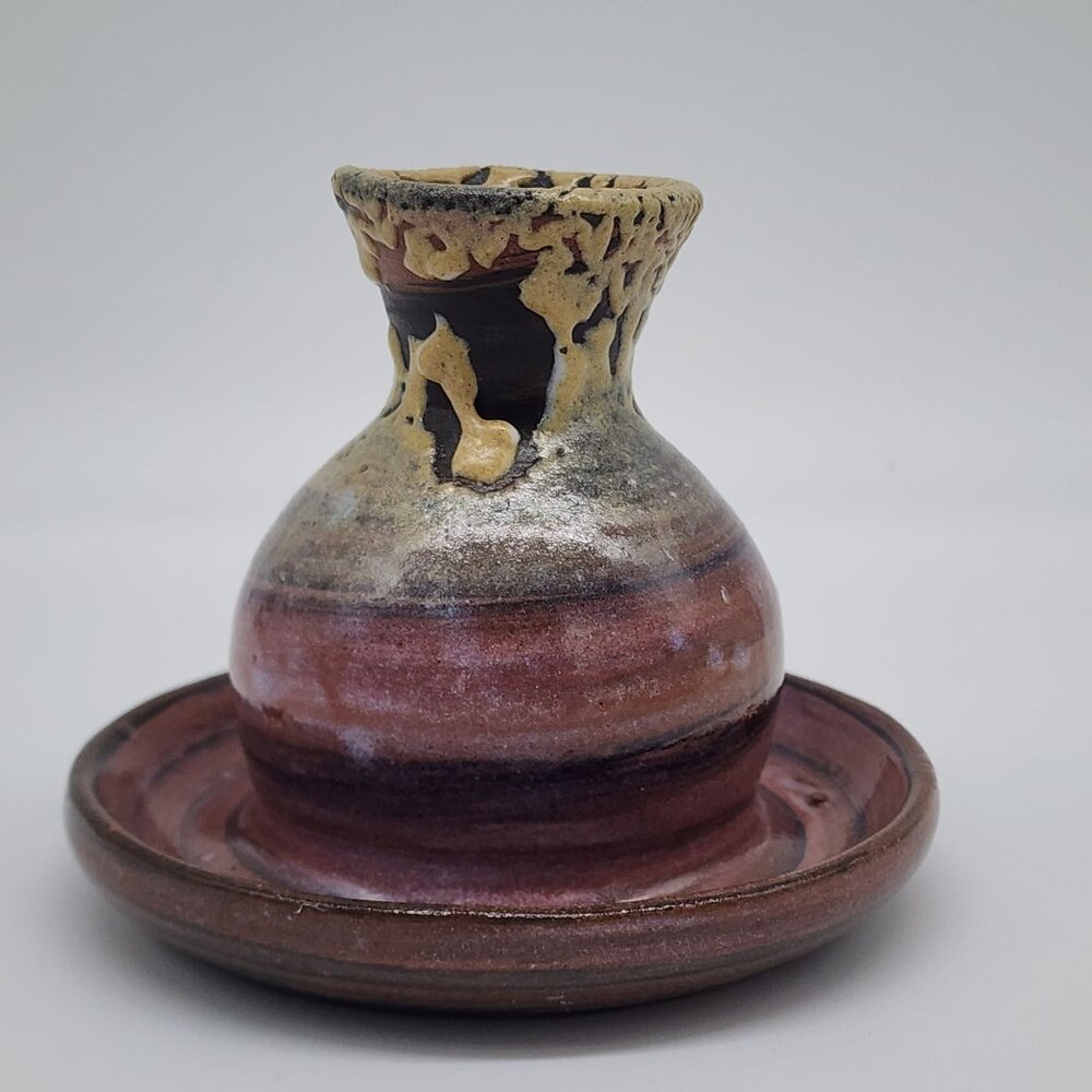 Studio Pottery Handcrafted Multicolor Ceramic Vase or Candle Holder With Drip Gl